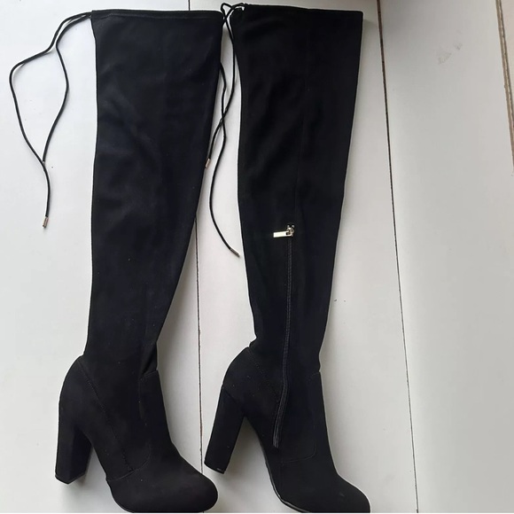 Bamboo Women Black Over Knee Heeled Boots block Heels With Straps Size 9 Zipper - Picture 8 of 10